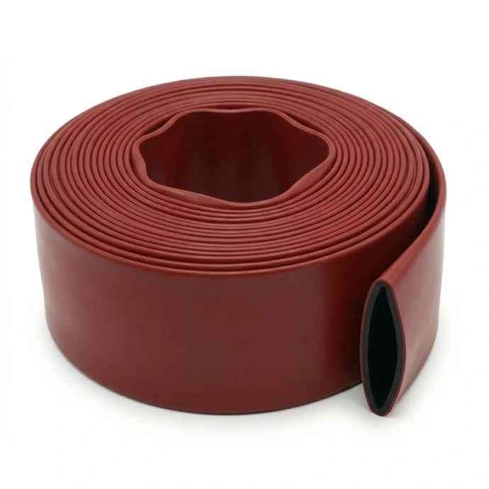 Flame-resistant lay flat discharge hose suitable for industrial water and fluid discharge